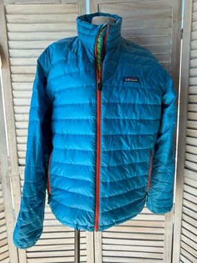 Patagonia Men's Down Sweater Blue Orange Zip Puffer Jacket Medium